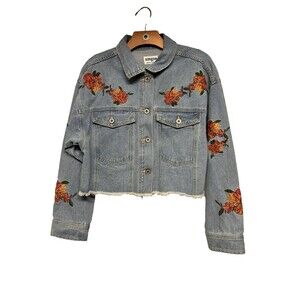 Umgee Women L Raw Hem Crop Floral Embroidered Denim Jacket Button Up Pockets NEW